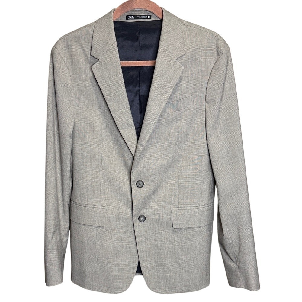 Zara Mens Gray Glen Check Two-Button Blazer Jacket USA 36 Plaid Sport Coat - Picture 1 of 3